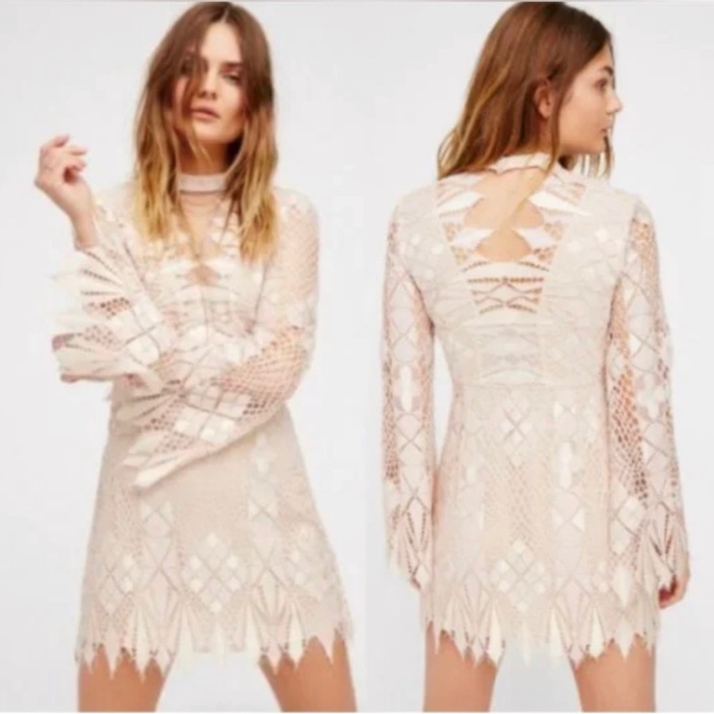 Free People Deco Lace  Long Sleeves Dress in Ivory Combo 4